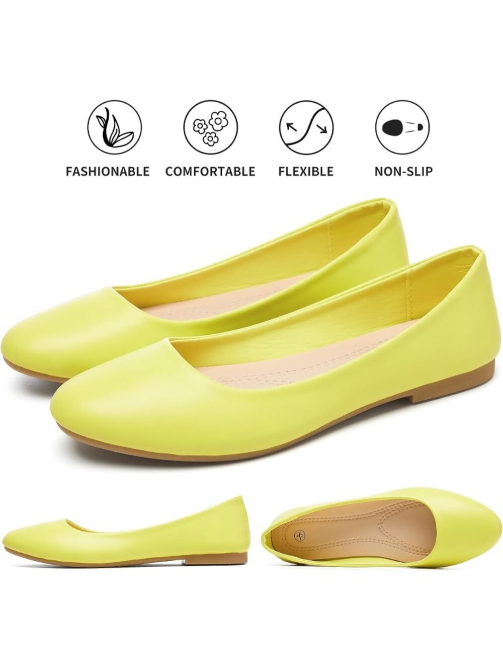 Women's Lemon Yellow Leather Ballet Round Toe Comfortable Flats Slip On Shoes - Picture 6 of 6